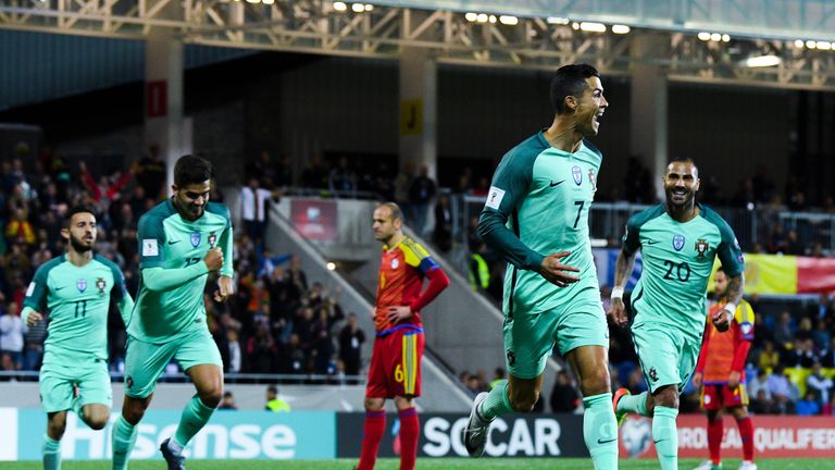 ANDORRA LA VELLA, ANDORRA - OCTOBER 07:  Cristiano Ronaldo of Portugal celebrates after scoring the opening goal past the goalkeeper Josep Gomes of Andorra