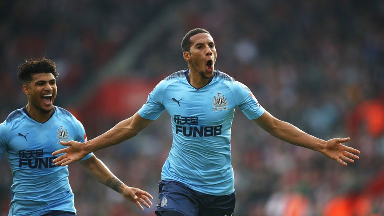 SOUTHAMPTON, ENGLAND - OCTOBER 15:  Isaac Hayden of Newcastle United (14) celebrates as he scores their first goal with team mate Deandre Yedlin during the