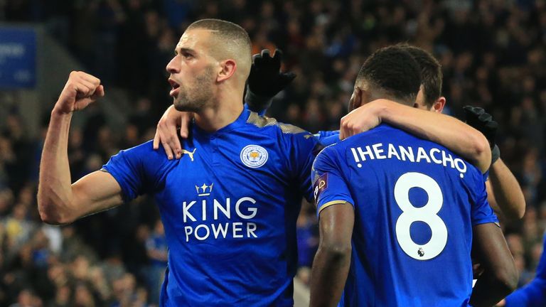 Leicester City's Algerian striker Islam Slimani (L) celebrates with teammates after scoring their second goal during the English League Cup fourth round fo