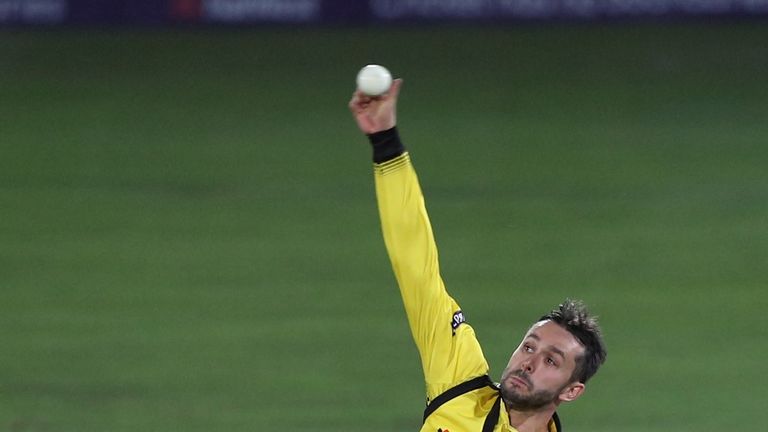 CANTERBURY, ENGLAND - JULY 18: Jack Taylor of Gloucestershire bowls during the NatWest T20 Blast South Group match at The Spitfire Ground on July 18, 2017 