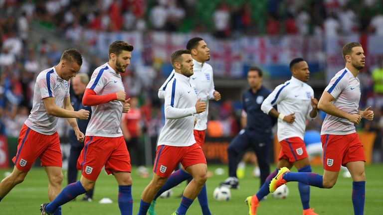 (L to R) England's forward Jamie Vardy, England's midfielder Adam Lallana, England's midfielder Jack Wilshere, England's defender Chris Smalling, England's