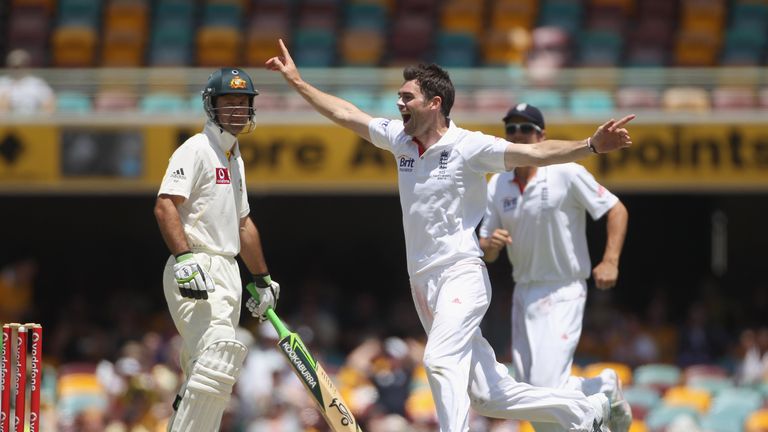 James Anderson of England celebrates taking the wicket of Ricky Ponting of Australia during day two of the First Ashes 