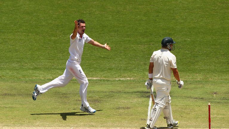 James Anderson of England celebrates after claiming the wicket of Shane Watson of Australia during day two of the First Test