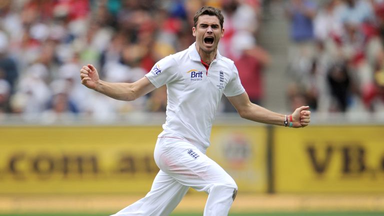 England bowler James Anderson celebrates dismissing Australian batsman Michael Hussey on the first day of the fourth Ashes Test match in Melbourne