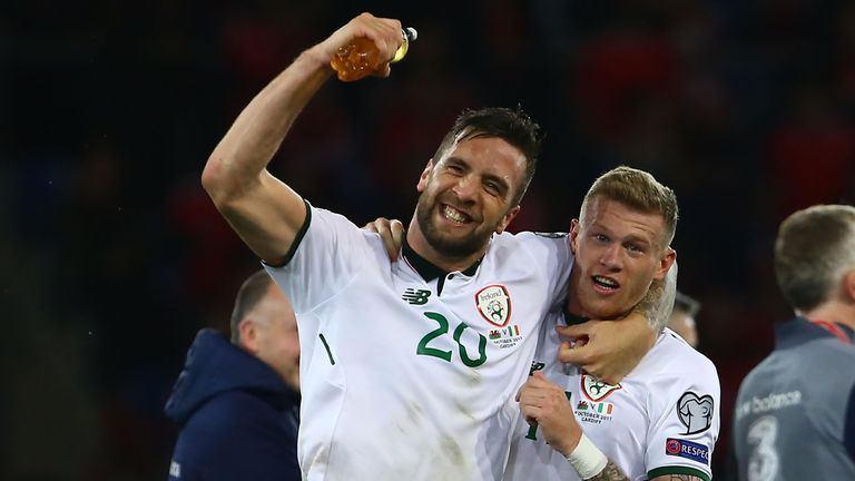 Republic of Ireland's midfielder James McClean (R) and Republic of Ireland's defender Shane Duffy celebrates victory after the group D World Cup qualifying