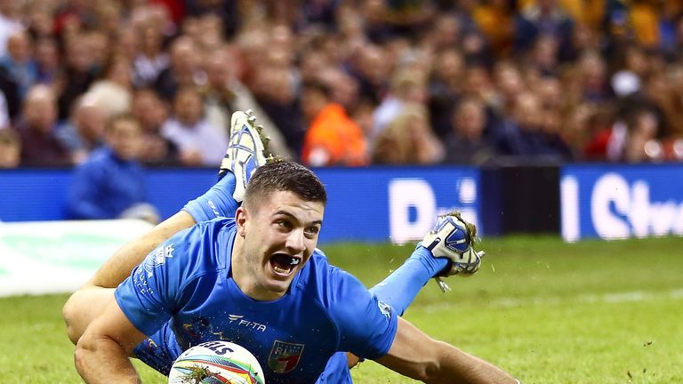 James Tedesco touches down for Italy against Wales in the 2013 Rugby League World Cup