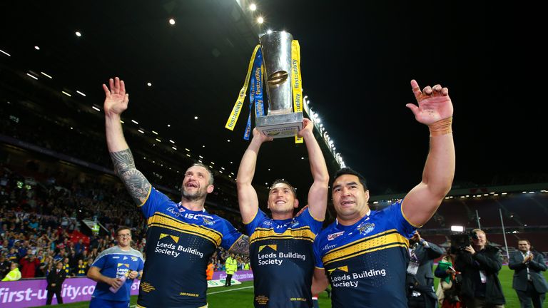 Leeds' Jamie Peacock, Kevin Sinfield and Kylie Leuluai celebrate with