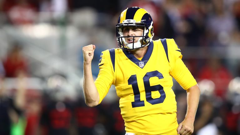 SANTA CLARA, CA - SEPTEMBER 21:  Jared Goff #16 of the Los Angeles Rams celebrates after a touchdown against the San Francisco 49ers during their NFL game 