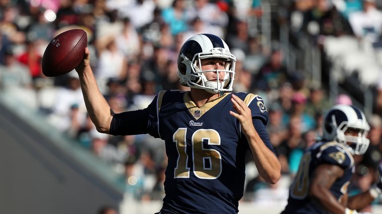 JACKSONVILLE, FL - OCTOBER 15:  Jared Goff #16 of the Los Angeles Rams drops back to pass in the first half of their game against the Jacksonville Jaguars 