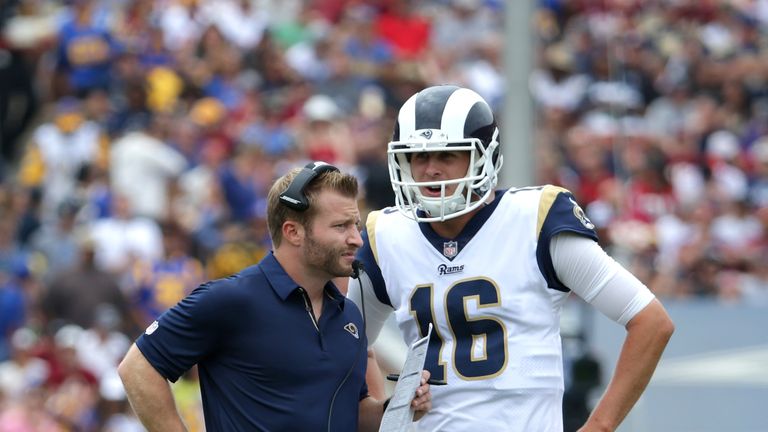 LOS ANGELES, CA - SEPTEMBER 17: Sean McVay head coach of Los Angeles Rams speaks with Jared Goff #16 during the game against the Washington Redskins at Los
