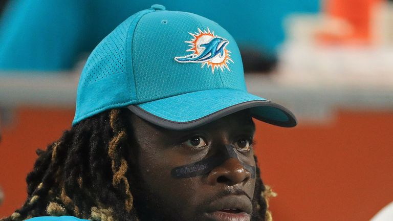 Jay Ajayi #23 of the Miami Dolphins looks on during a preseason game against the Baltimore Ravens at Hard Rock Stadium on August 17, 2017
