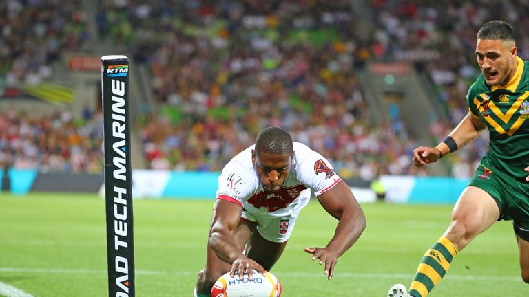 MELBOURNE -OCTOBER 27 2017:  Jermaine McGillvary of England scores the first try during the Rugby League World Cup match between Australia and England