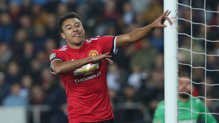 Jesse Lingard celebrates scoring Manchester United's second goal during the Carabao Cup Fourth Round against Swansea City