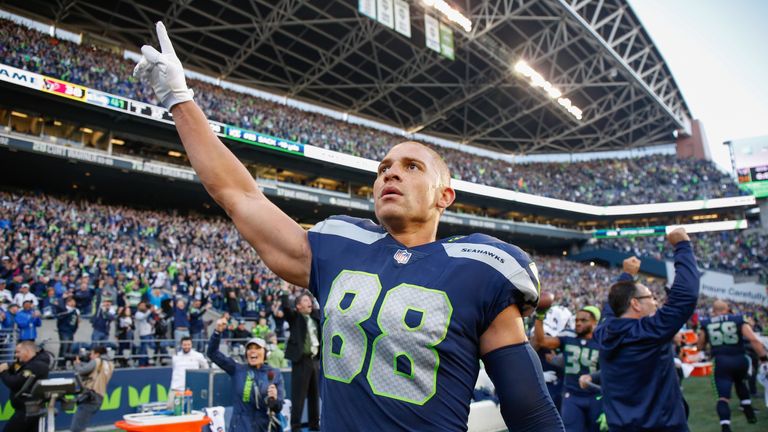 SEATTLE, WA - OCTOBER 29: Tight end Jimmy Graham #88 of the Seattle Seahawks celebrates after scoring the winning touchdown to beat the Houston Texans 41-3