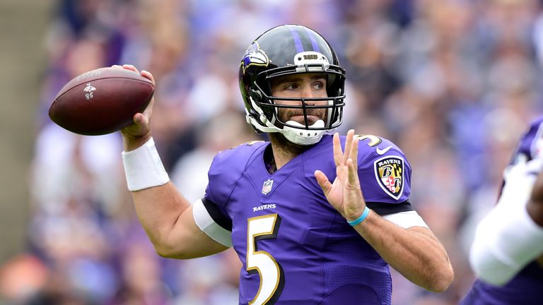 BALTIMORE, MD - OCTOBER 15: Quarterback Joe Flacco #5 of the Baltimore Ravens throws in the first quarter against the Chicago Bears at M&T Bank Stadium on 