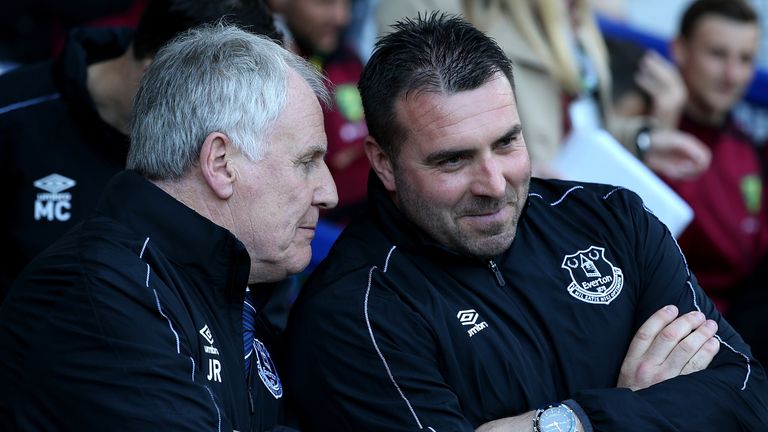 LIVERPOOL, UNITED KINGDOM - MAY 15: Everton coaches David Unsworth (R) and Joe Royle (L) are seen prior to the Barclays Premier League match between Everto