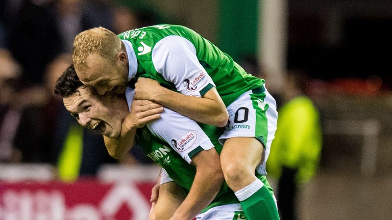  Hibernian's John McGinn (left) celebrates with Dylan McGeouch (right) at full time against Hearts on Tuesday. 