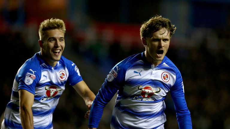 READING, ENGLAND - OCTOBER 31:  John Swift of Reading (r) celebrates with Sam Smith (l) after scoring the opening goal during the Sky Bet Championship matc