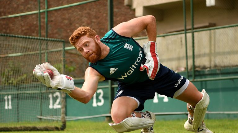 DHAKA, BANGLADESH - OCTOBER 26:  Jonathan Bairstow of England takes part in a wicketkeeping drill during a nets session at Sher-e-Bangla National Cricket S