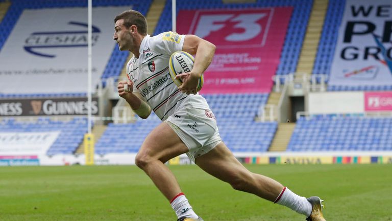 Jonny May of Leicester Tigers runs in to score their third try against London Irish