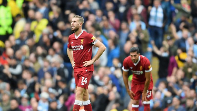 MANCHESTER, ENGLAND - SEPTEMBER 09: Jordan Henderson of Liverpool reacts during the Premier League match between Manchester City and Liverpool 