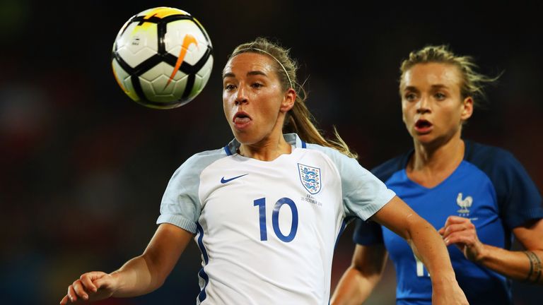 Jordan Nobbs of England battles for the ball with Marion Torrent of France during the International friendly match in Valenciennes