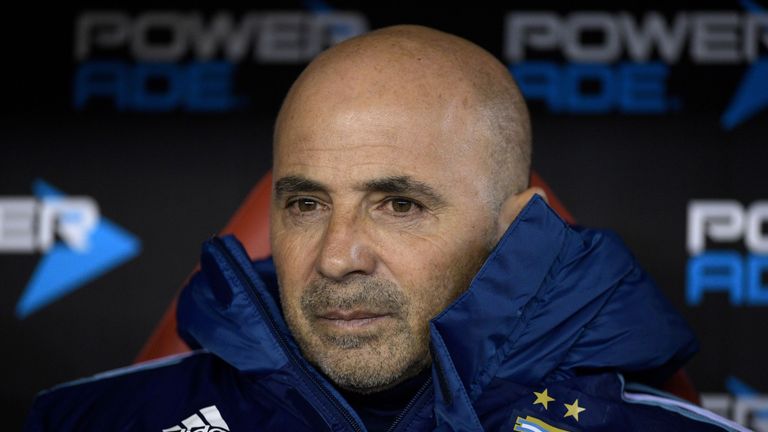 Argentina's coach Jorge Sampaoli waitys for the start of the 2018 World Cup qualifier football match against Venezuela in Buenos Aires, on September 5, 201