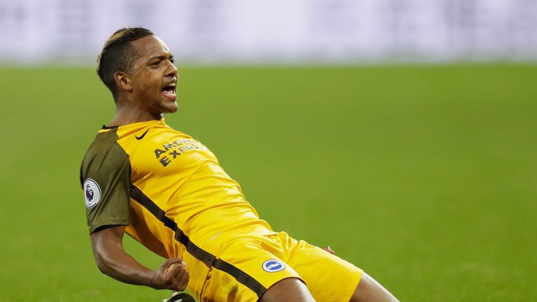 LONDON, ENGLAND - OCTOBER 20:  Jose Izquierdo of Brighton and Hove Albion celebrates as he scores their second goal during the Premier League match between