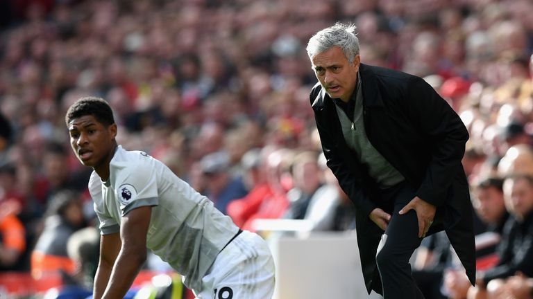 Jose Mourinho looks on as Marcus Rashford of Manchester United reacts 