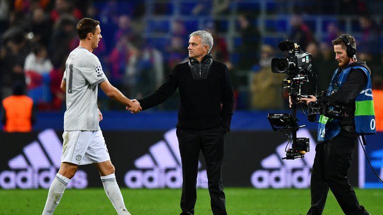 MOSCOW, RUSSIA - SEPTEMBER 27: Nemanja Matic of Manchester United and Jose Mourinho, Manager of Manchester United shake hands  during the UEFA Champions Le