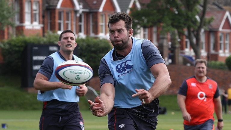 BRIGHTON, ENGLAND - MAY 16:  Josh Beaumont passes the ball during the England training session held at Brighton College on May 16, 2017 in Brighton, Englan