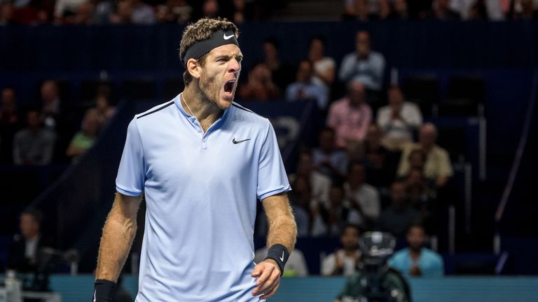 Argentina's Juan Martin Del Potro reacts after a winning point during his quarter-final game against Spain's Roberto Bautista Agut at the Swiss Indoors ATP