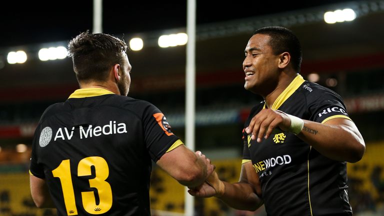 WELLINGTON - OCTOBER 12 2017:  Julian Savea of Wellington celebrates with Wes Goosen after scoring a try during the round nine Mitre 10 Cup match