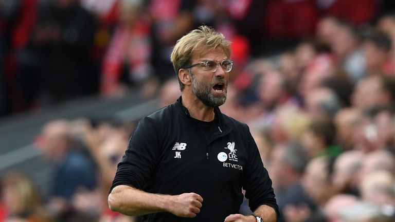 Jurgen Klopp, manager of Liverpool reacts during the Premier League match between Liverpool and Manchester United at Anfield