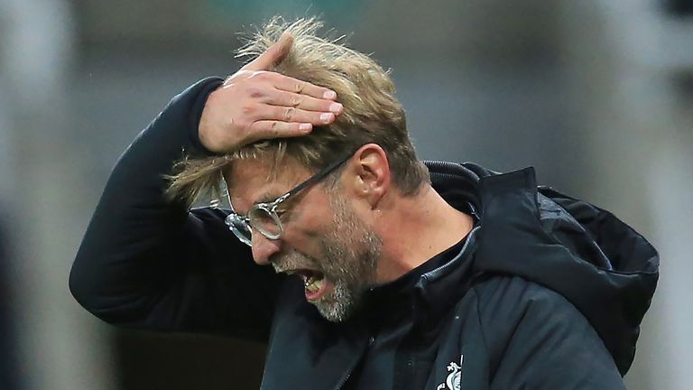 Jurgen Klopp reacts with frustration during the Premier League match at St James' Park