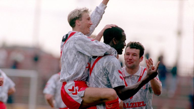 Justin Fashanu celebrates scoring for Airdrie v Aberdeen, April 1993