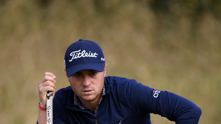 Justin Thomas of the US lines up a putt on the 11th green during the first round of the CJ Cup golf tournament, the US PGA Tour's first foray into South Ko