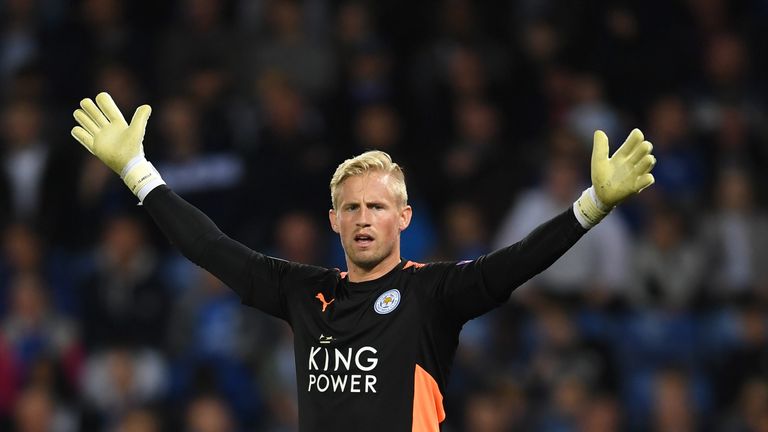 LEICESTER, ENGLAND - SEPTEMBER 23:  Kasper Schmeichel of Leicester City looks on during the Premier League match between Leicester City and Liverpool at Th