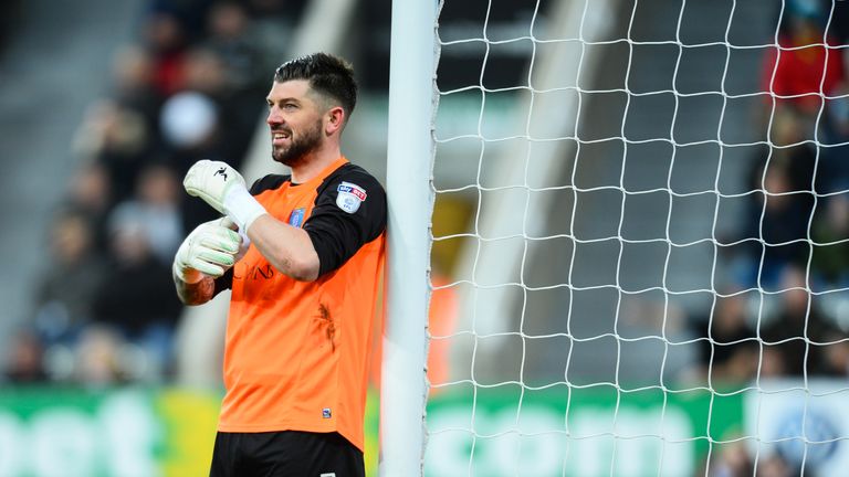 NEWCASTLE, ENGLAND -  DECEMBER 26: Sheffield Wednesday Goalkeeper Keiren Westwood (1) stands next to the goalposts during the Sky Bet Championship match be