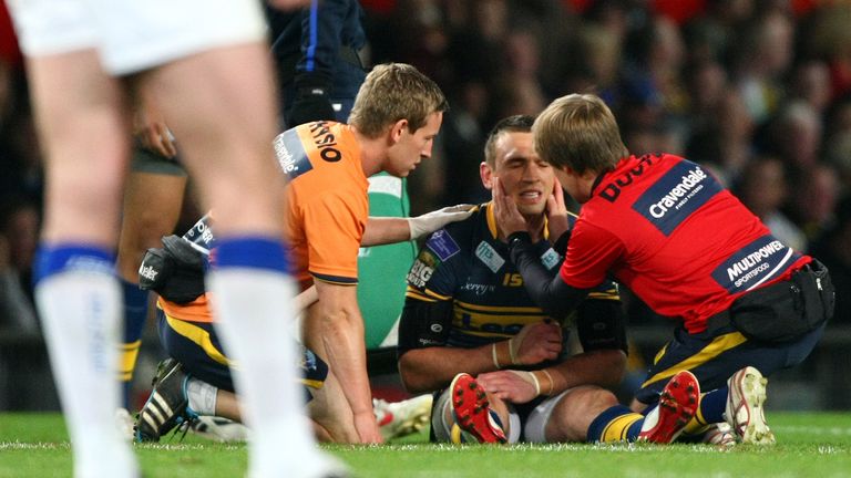 Old Trafford, Manchester, England - 06/10/12 - Leeds Kevin Sinfield after a late Michael Monaghan tackle.