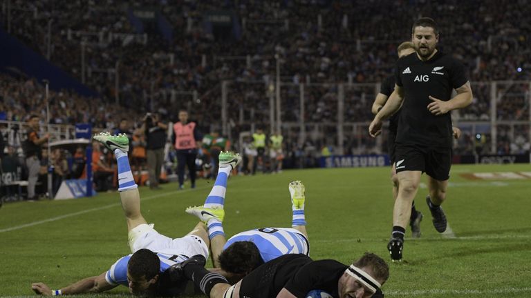 New Zealand's Kieran Read scores a try against Argentina
