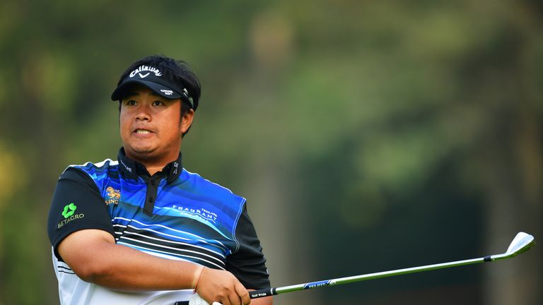 MONZA, ITALY - OCTOBER 12:  Kiradech Aphibarnrat of Thailand plays a shot on Day One of the Italian Open at Golf Club Milano - Parco Reale di Monza on Octo