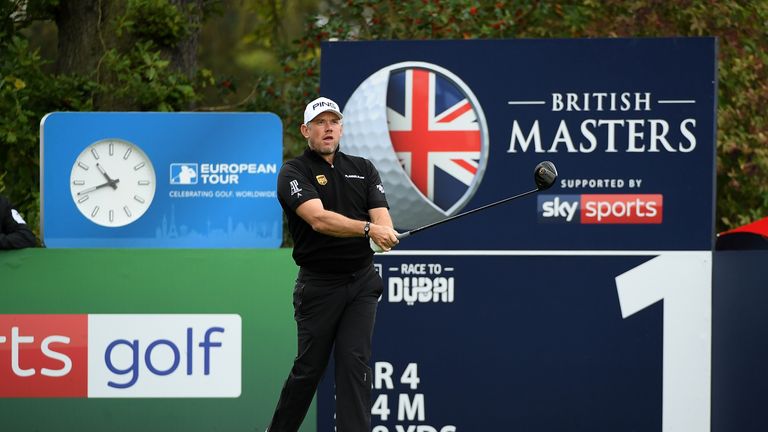 Lee Westwood of England hits his tee shot on the 1st hole during day four of the British Masters at Close House