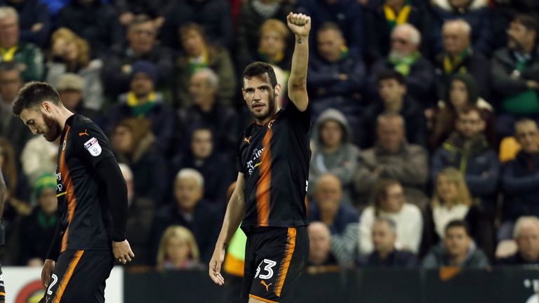 Wolverhampton Wanderers' Leo Bonatini celebrates scoring their second goal during the Sky Bet Championship match at Carrow Road, Norwich.