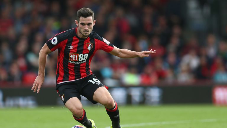 Lewis Cook of Bournemouth in action  against Leicester