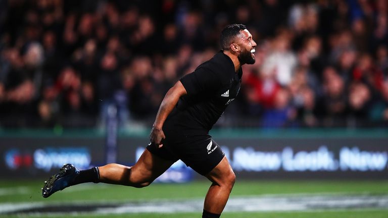 Lima Sopoaga of the All Blacks celebrates after scoring a try during the Rugby Championship match against South Africa