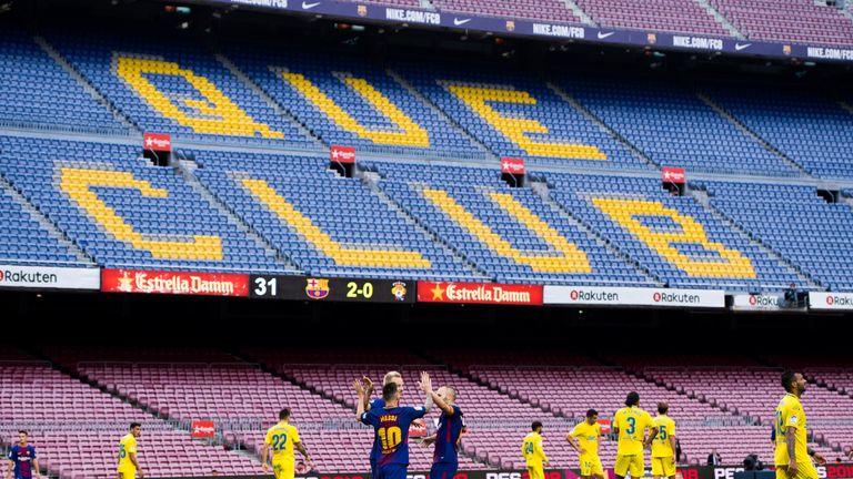 Lionel Messi celebrates with team-mates inside an empty Nou Camp stadium during the behind closed doors La Liga match against Las Palmas