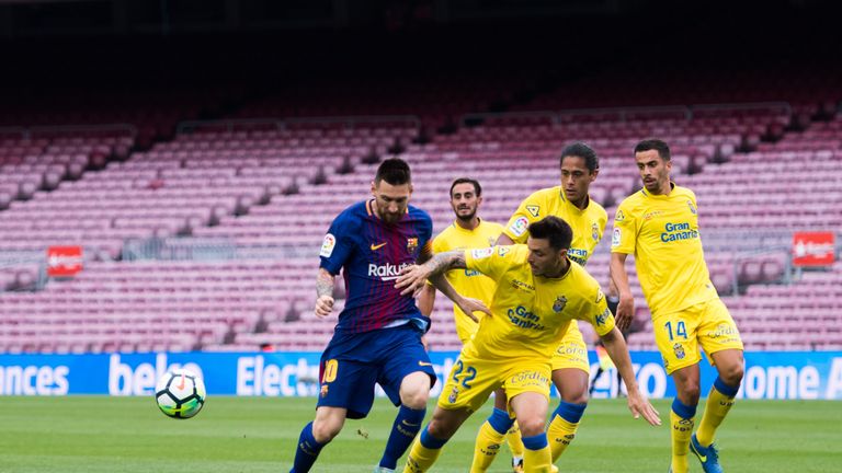 Lionel Messi takes on Las Palmas defenders inside an empty Nou Camp