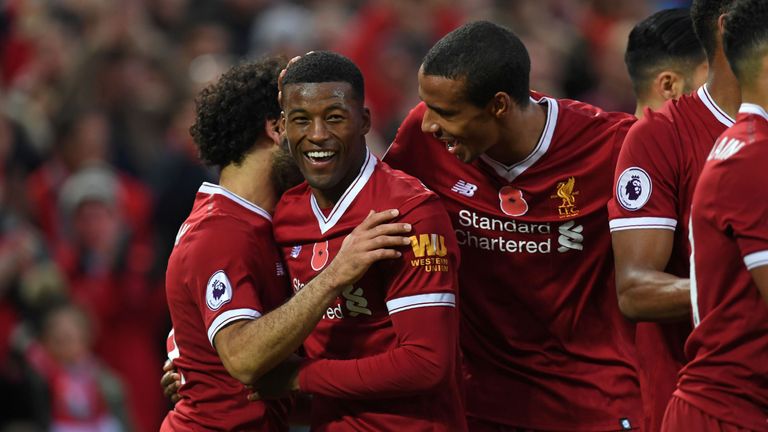 Georginio Wijnaldum celebrates after giving Liverpool a 3-0 lead