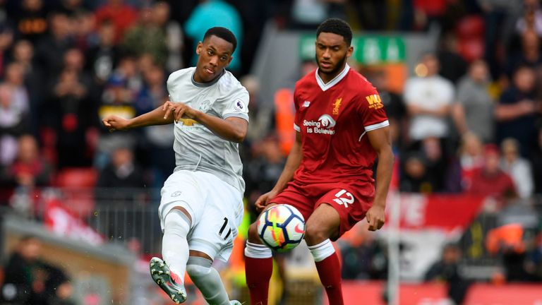 Anthony Martial and Joe Gomez in action at Anfield